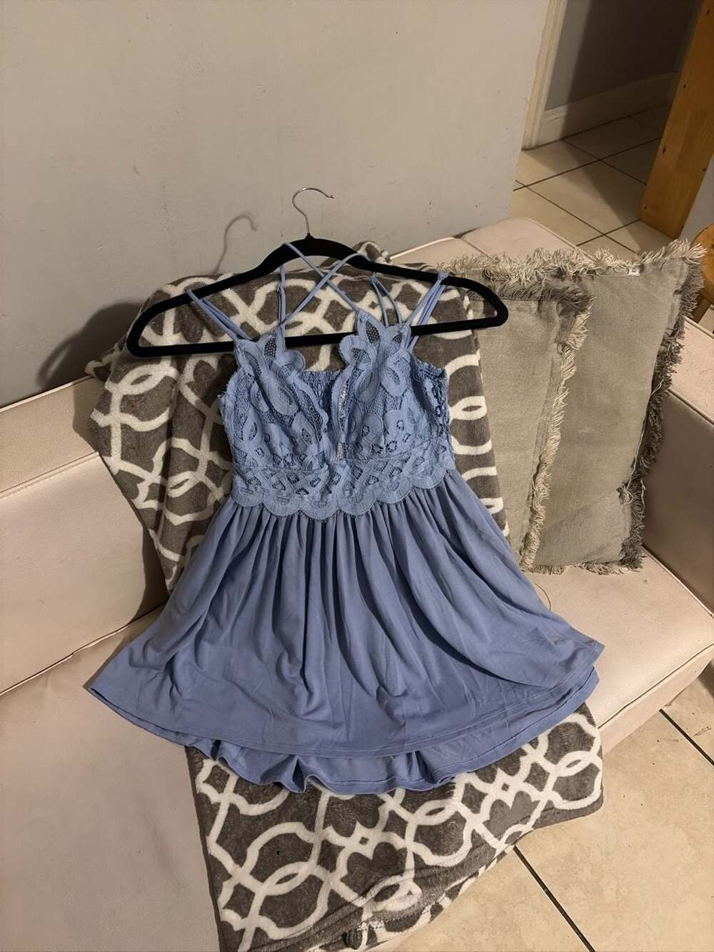Light Blue Crochet Bust Peplum Tank Top with Spaghetti Straps